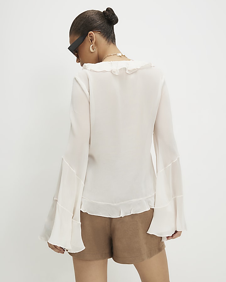 White Long Sleeve Ruffle Front Blouse