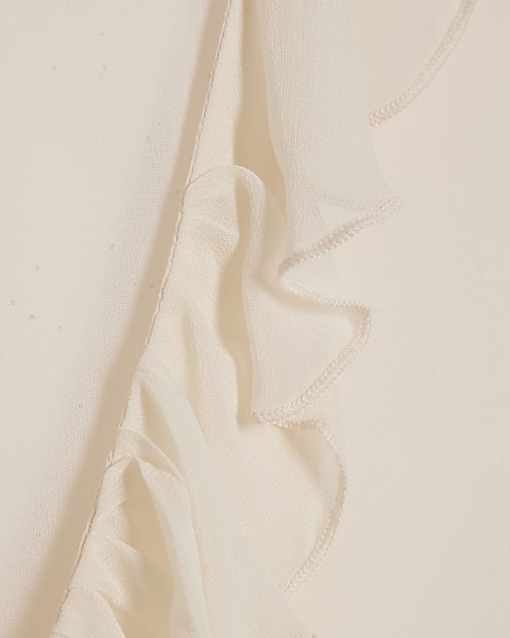 White Long Sleeve Ruffle Front Blouse