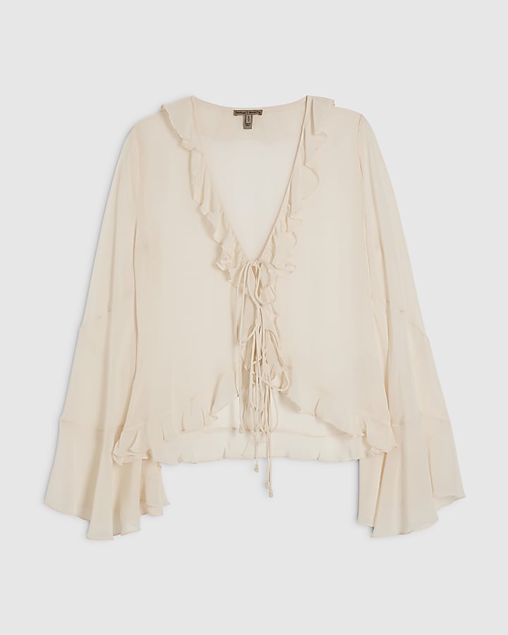 White Long Sleeve Ruffle Front Blouse