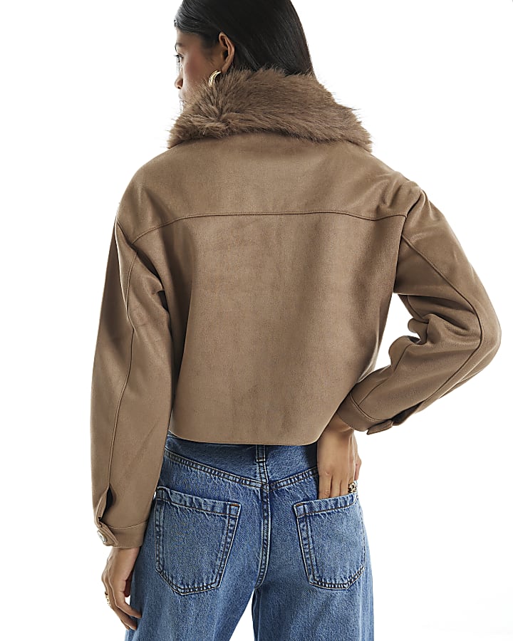 Beige Faux Suede Faux Fur Collar Jacket