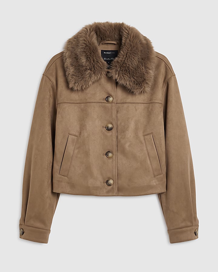 Beige Faux Suede Faux Fur Collar Jacket