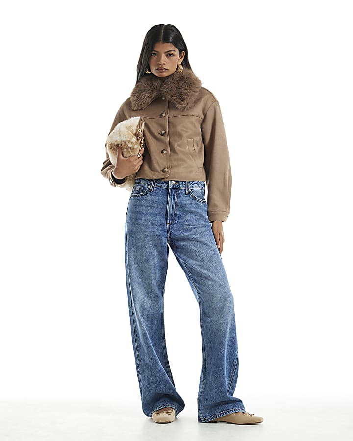 Beige Faux Suede Faux Fur Collar Jacket