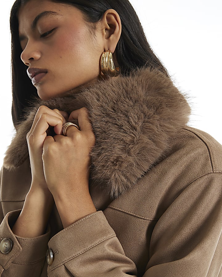 Beige Faux Suede Faux Fur Collar Jacket