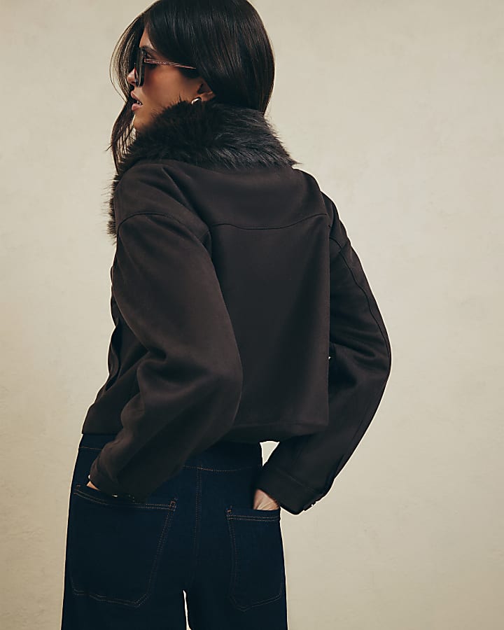 Brown Faux Suede Faux Fur Collar Overshirt