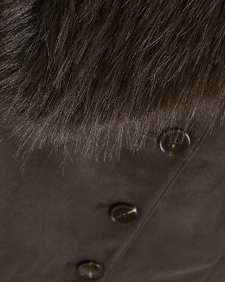 Brown Faux Suede Faux Fur Collar Overshirt