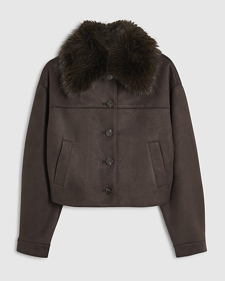Brown Faux Suede Faux Fur Collar Overshirt