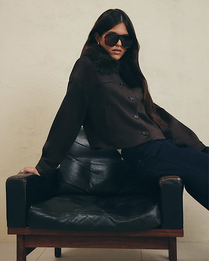 Brown Faux Suede Faux Fur Collar Overshirt