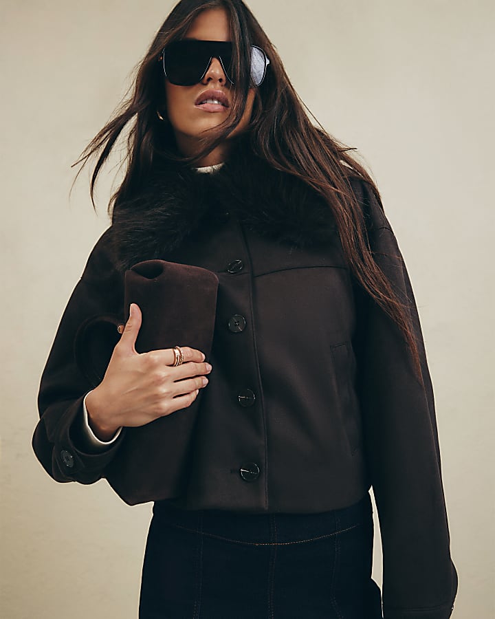 Brown Faux Suede Faux Fur Collar Overshirt