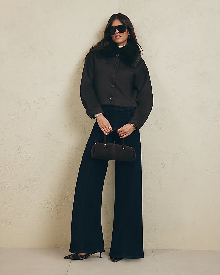 Brown Faux Suede Faux Fur Collar Overshirt