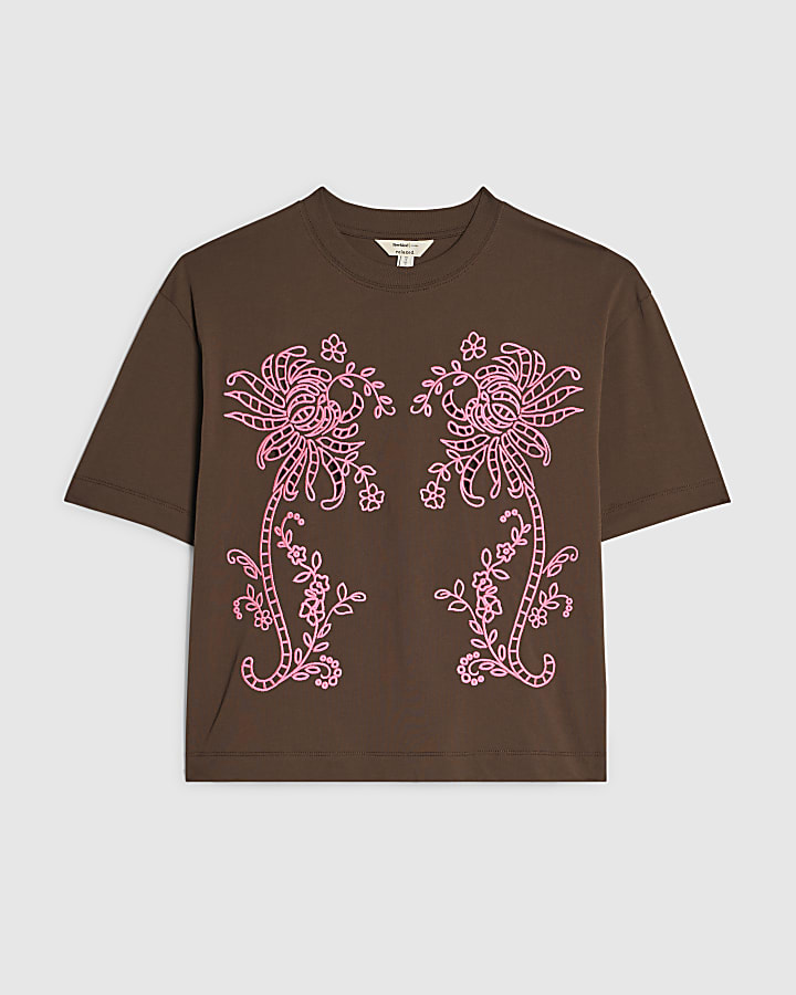 Brown Cotton Cutwork Boxy Cropped T-Shirt