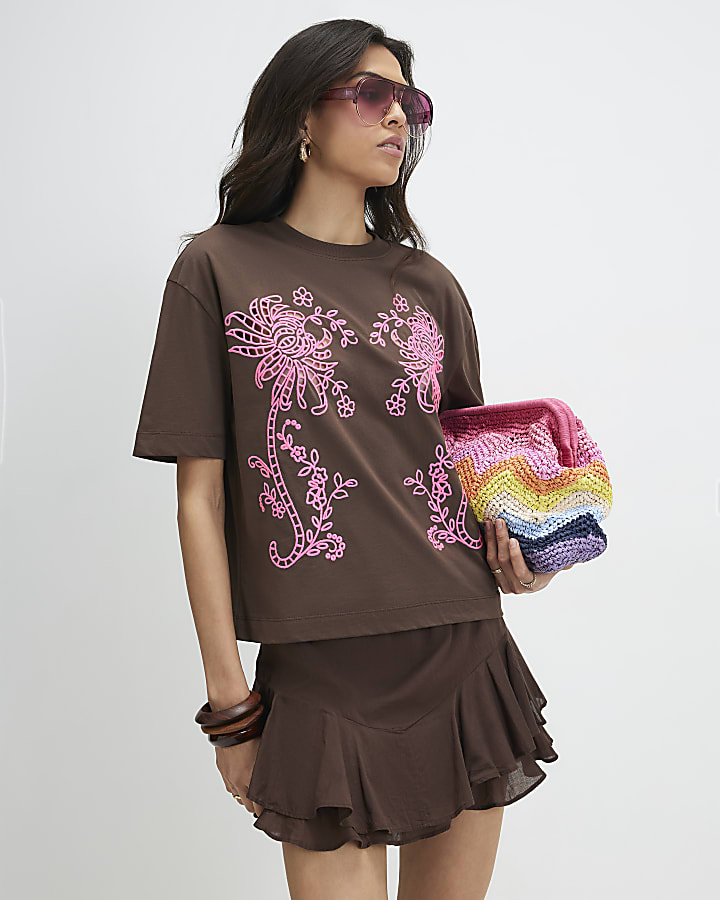 Brown Cotton Cutwork Boxy Cropped T-Shirt