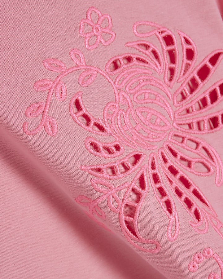 Pink Cotton Cutwork Boxy Cropped T-Shirt