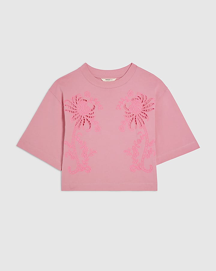 Pink Cotton Cutwork Boxy Cropped T-Shirt