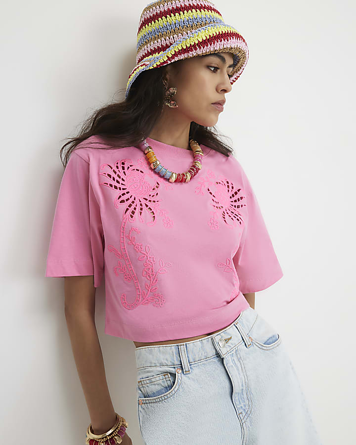 Pink Cotton Cutwork Boxy Cropped T-Shirt
