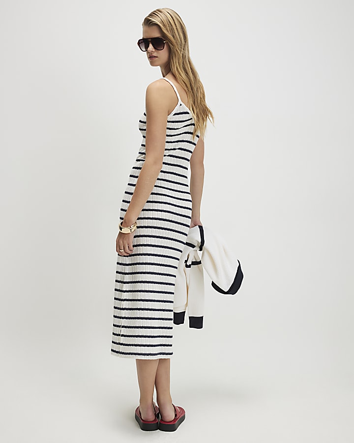 Navy Crochet Striped Midi Dress
