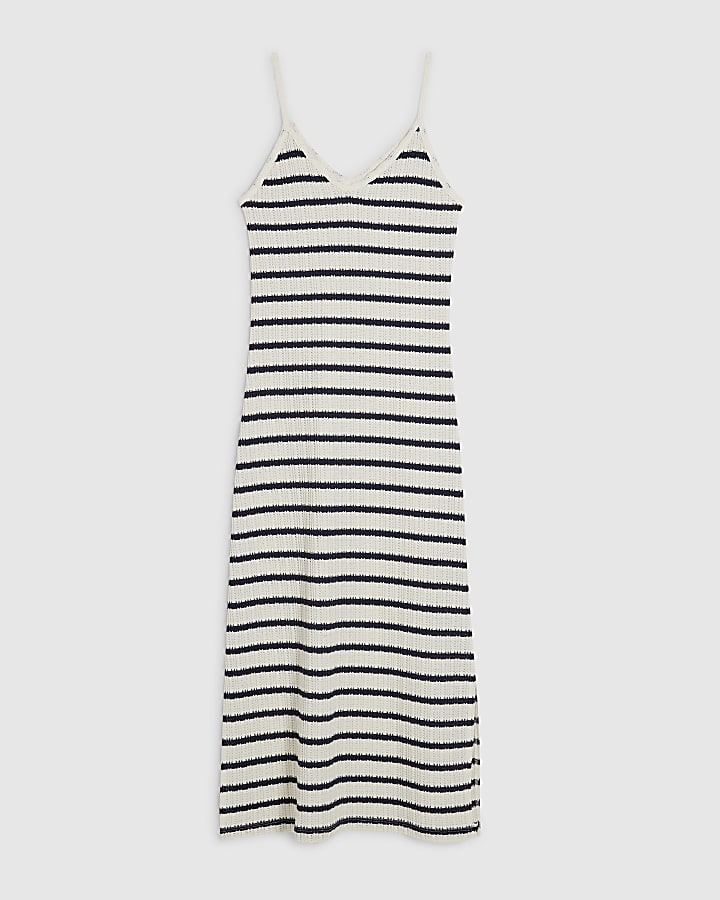 Navy Crochet Striped Midi Dress