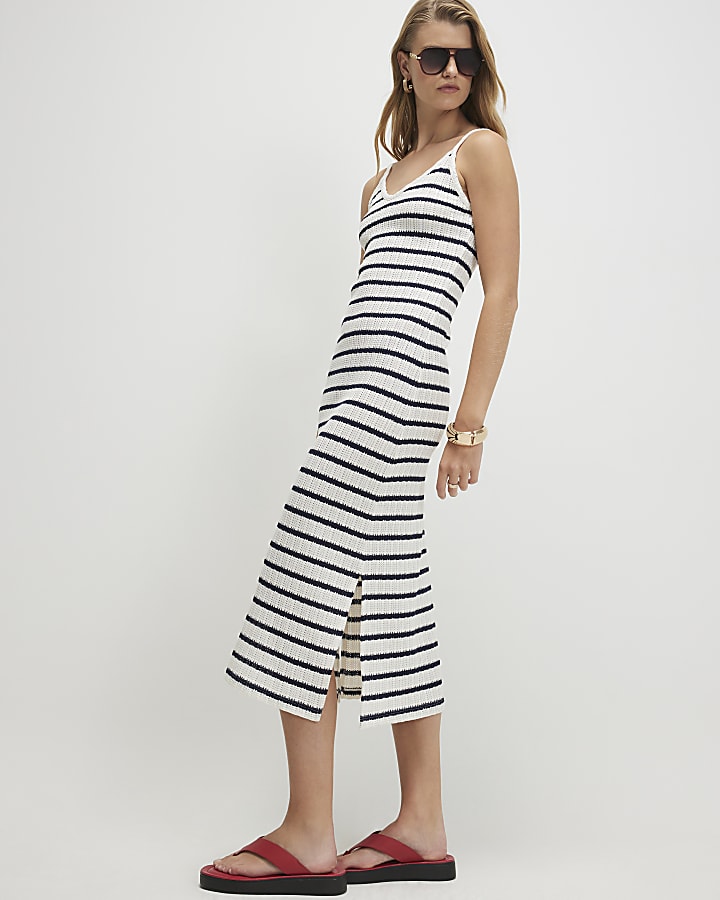 Navy Crochet Striped Midi Dress
