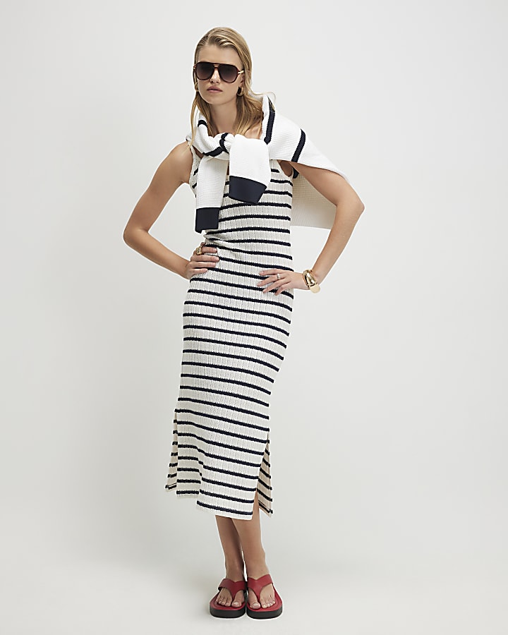 Navy Crochet Striped Midi Dress