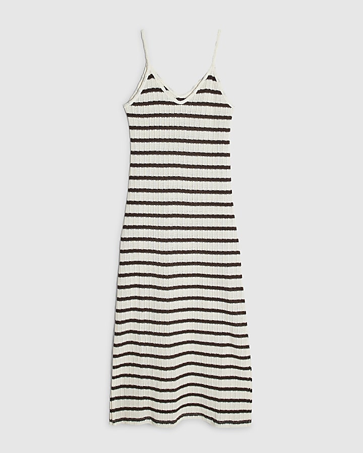 Brown Strappy Crochet Stripe Midi Dress