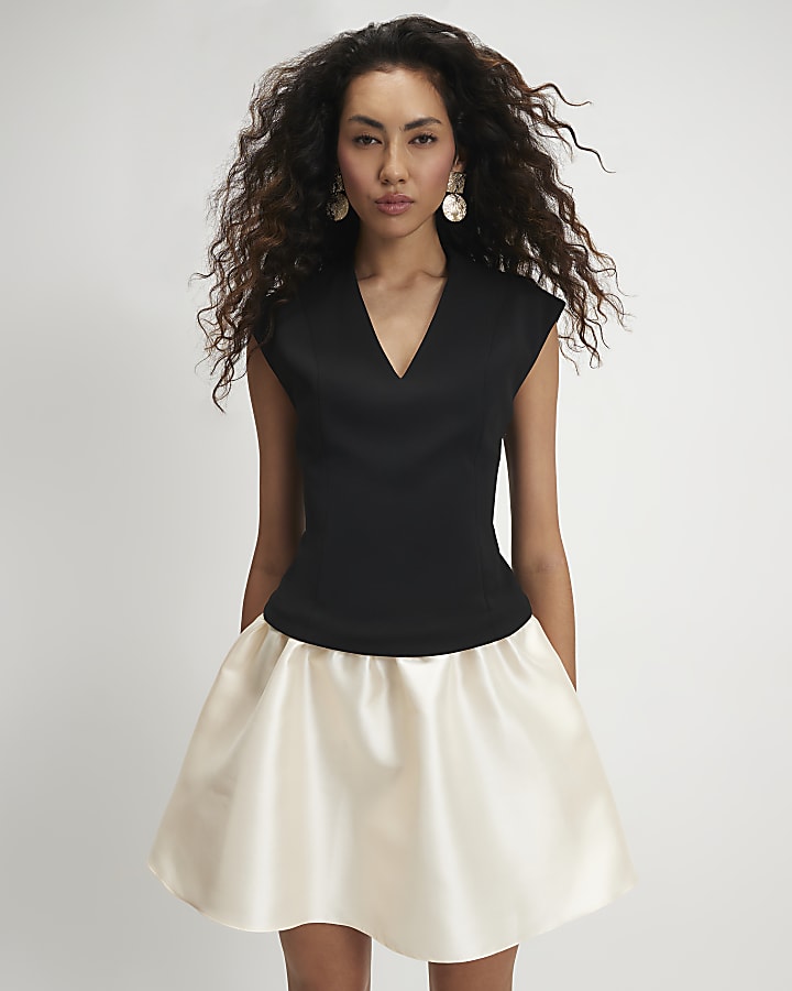 Black Hybrid Satin Skirt Mini Dress