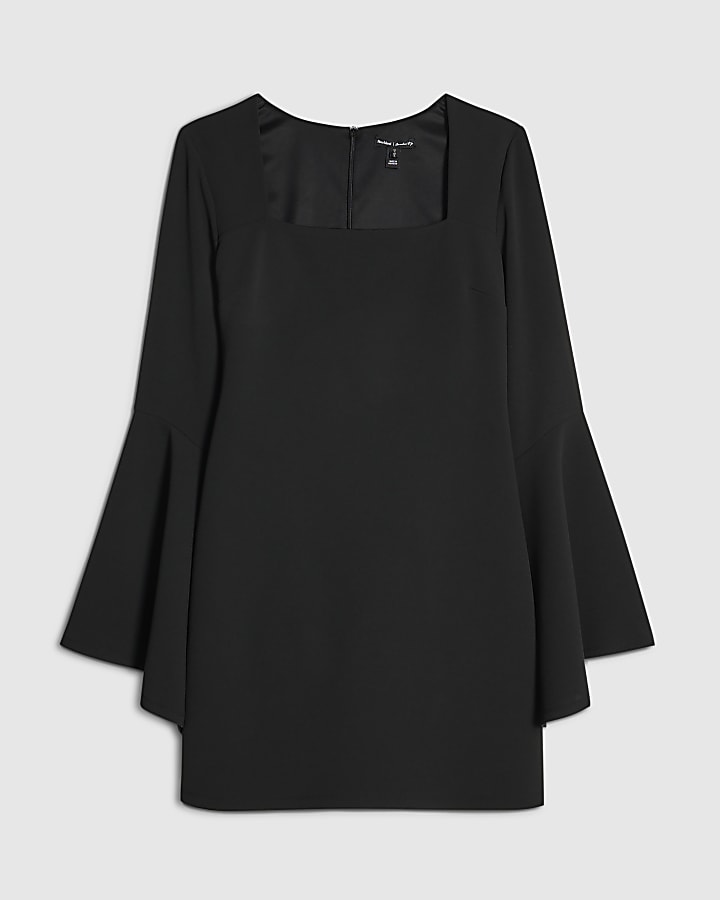 Black Long Flute Sleeve Mini Dress