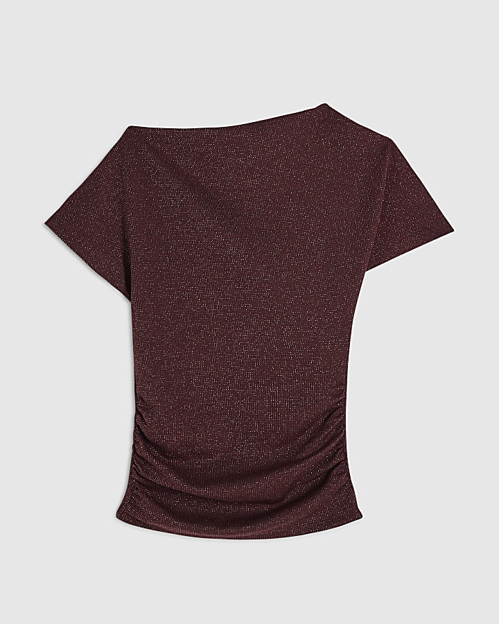 Red Glitter Thread Gathered Hem Top