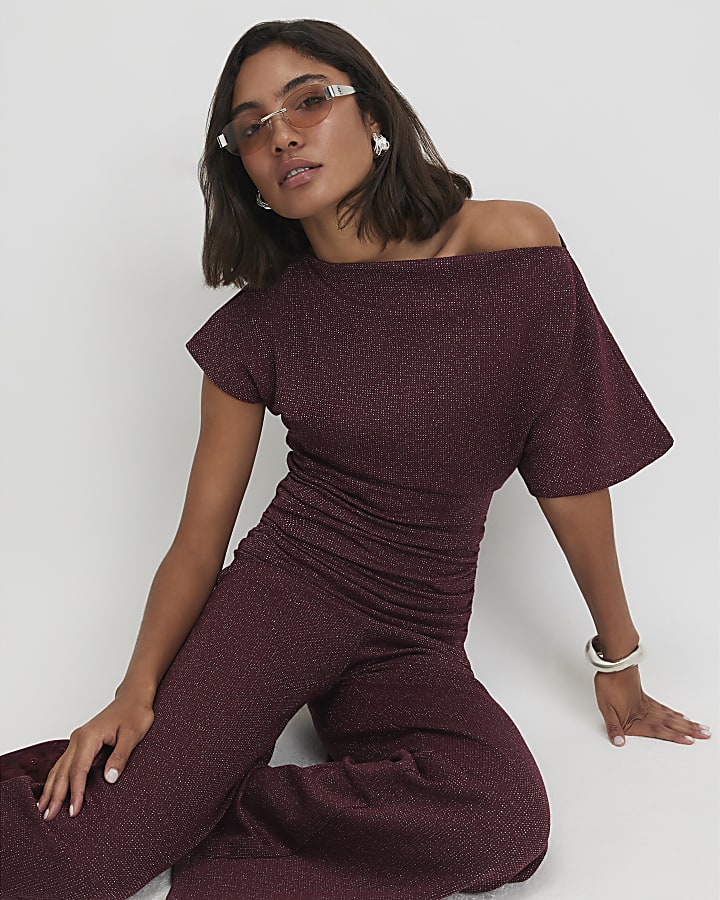 Red Glitter Thread Gathered Hem Top