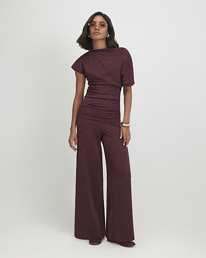 Red Glitter Thread Gathered Hem Top