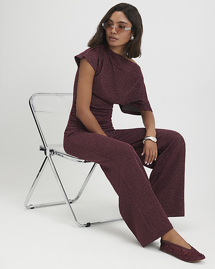 Red Glitter Thread Wide Leg Trousers
