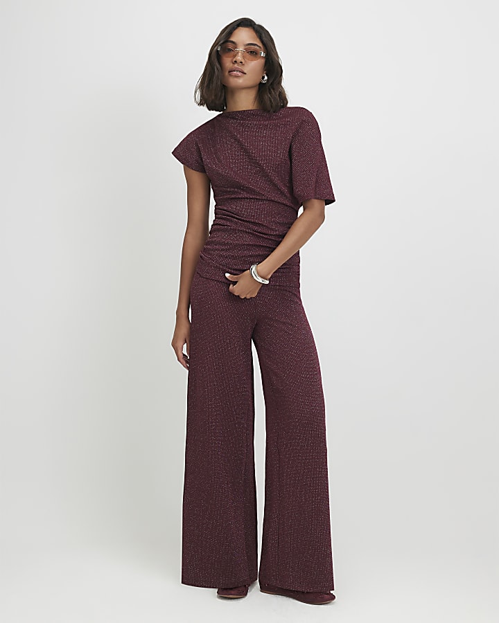 Red Glitter Thread Wide Leg Trousers