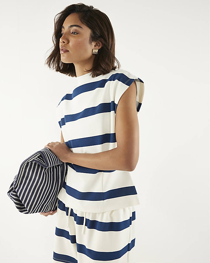 Navy Stripe Grown On Neck Sleeveless Top