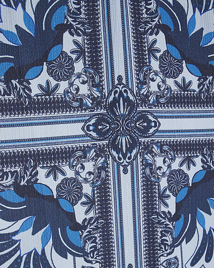 Blue Tile Print Textured Midi Skirt