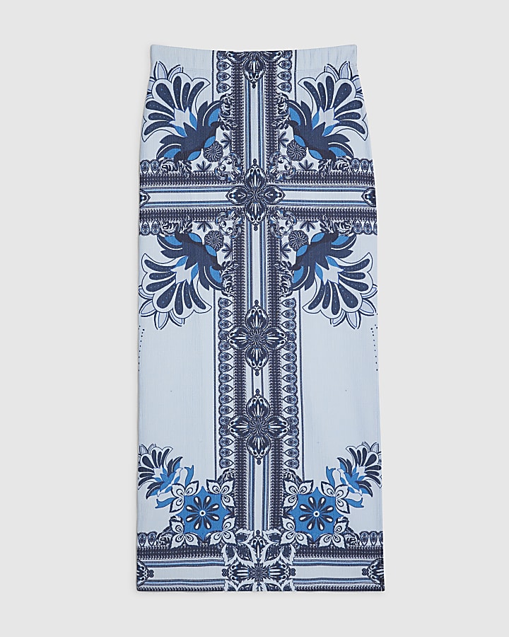 Blue Tile Print Textured Midi Skirt