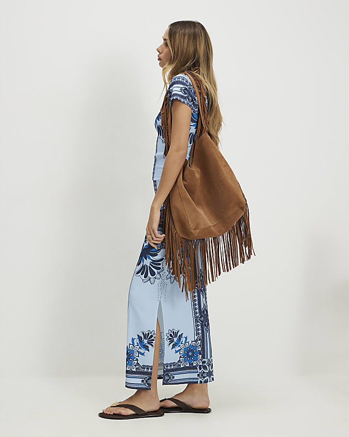 Blue Tile Print Textured Midi Skirt