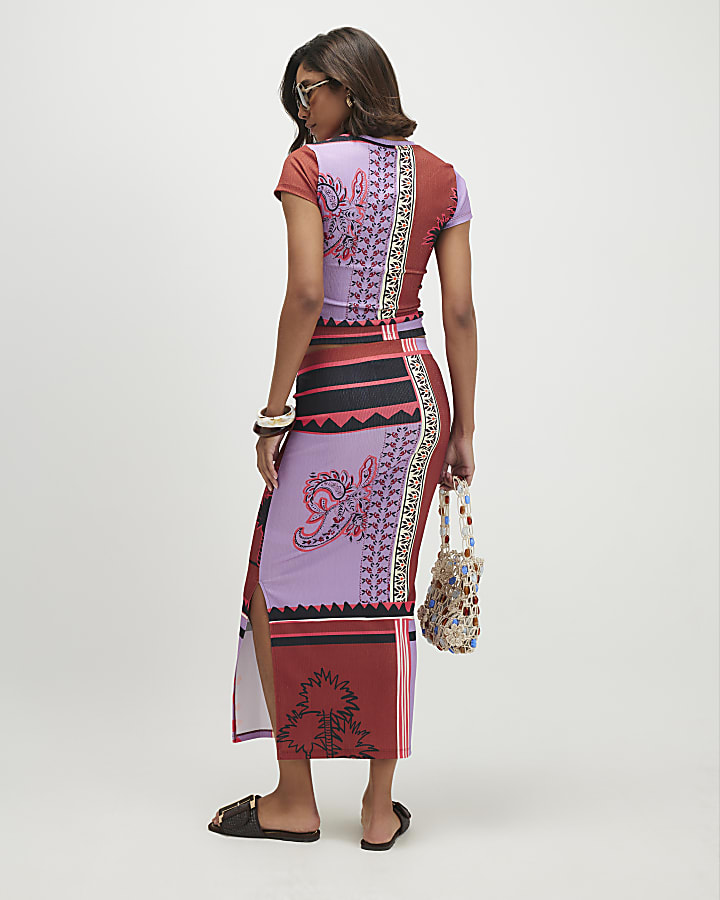 Orange Patchwork Textured Midi Skirt