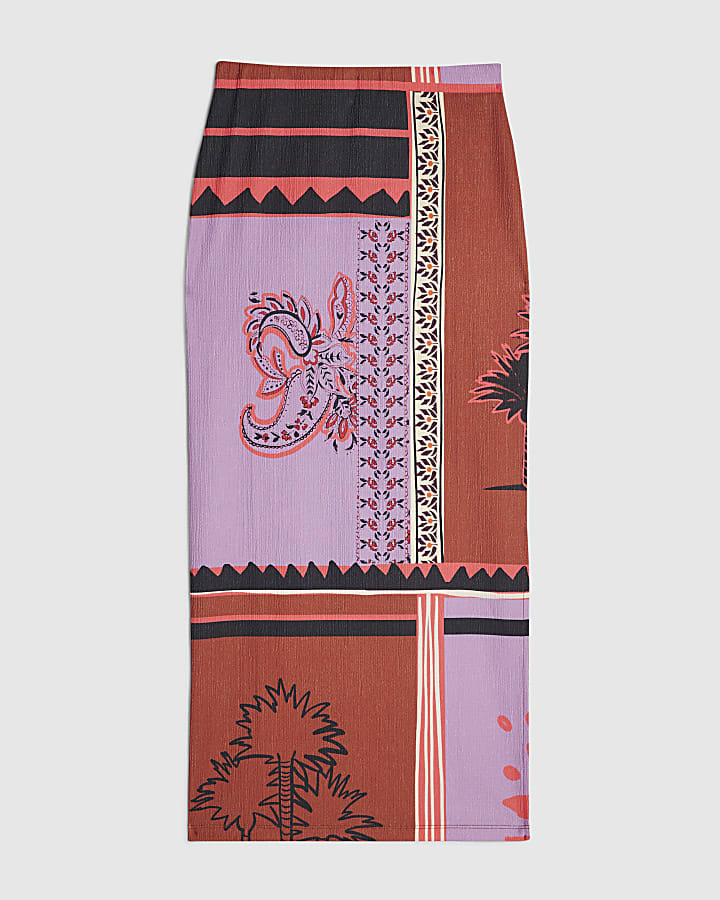 Orange Patchwork Textured Midi Skirt