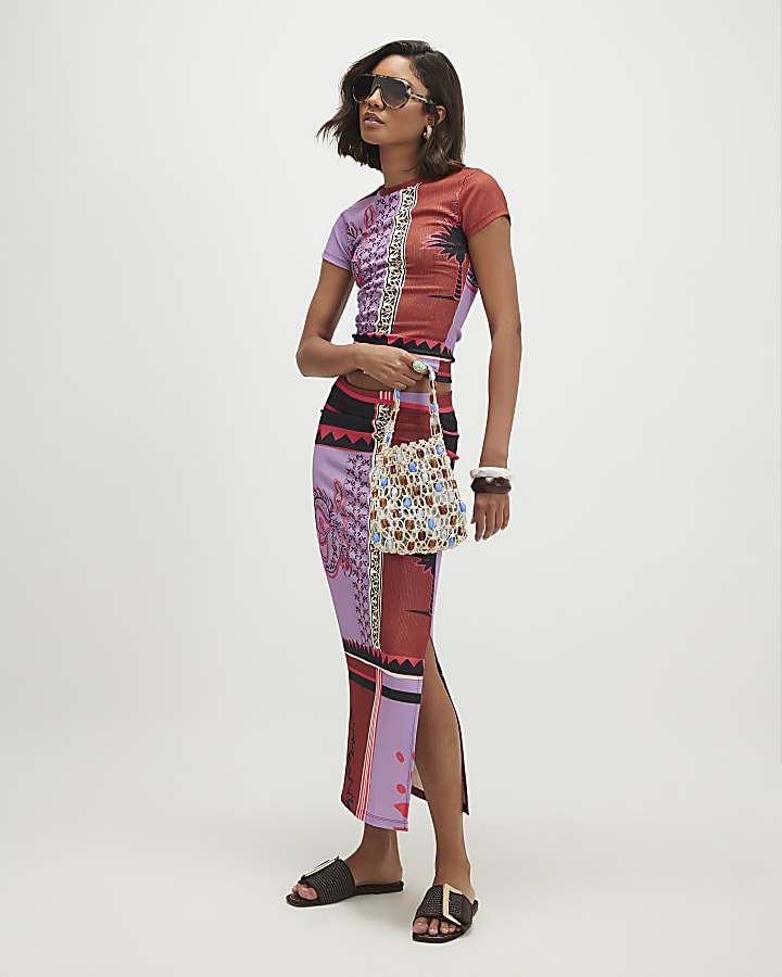 Orange Patchwork Textured Midi Skirt