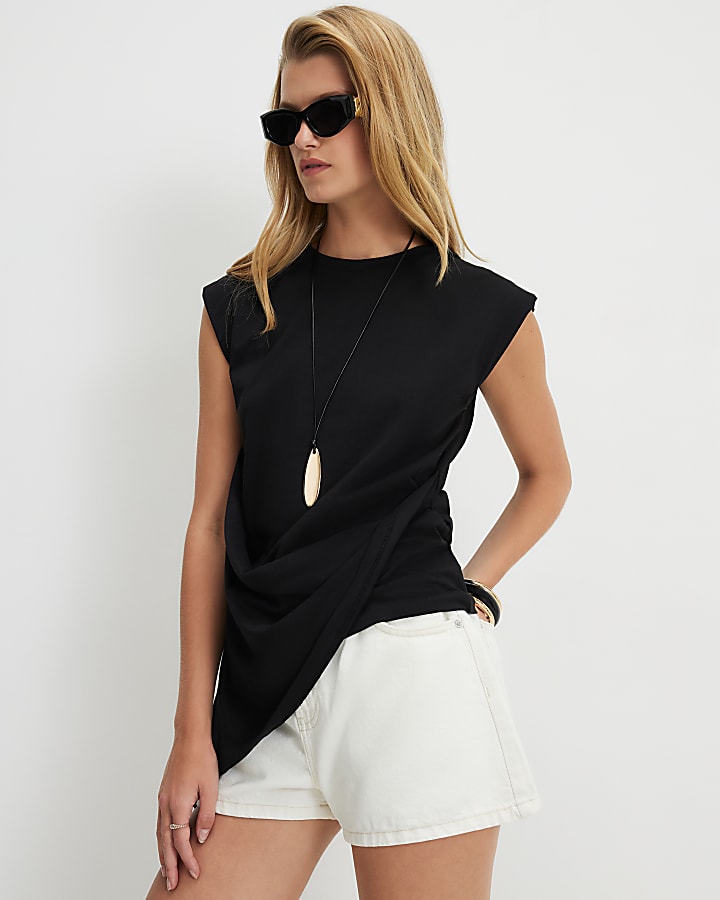 Black Cotton Asymmetric Longline Top