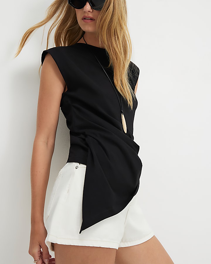 Black Cotton Asymmetric Longline Top