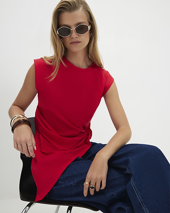 Red Sleeveless Asymmetric Longline Top