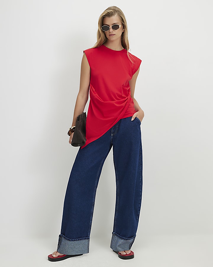 Red Sleeveless Asymmetric Longline Top