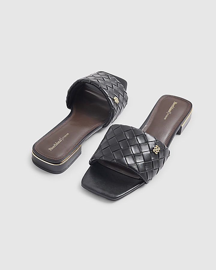 Black Woven Mule Flat Sandals