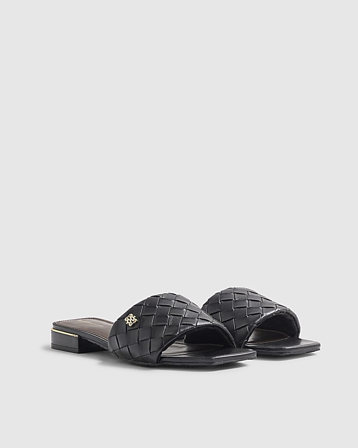 Black Woven Mule Flat Sandals
