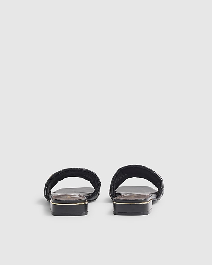 Black Woven Mule Flat Sandals