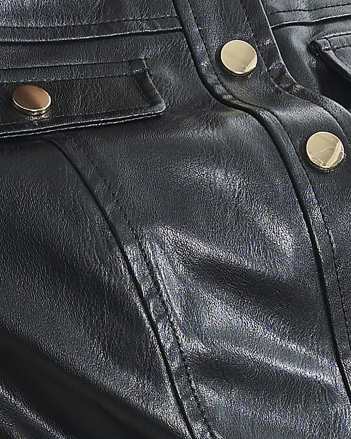 Black Faux Leather Belted Pocket Dress