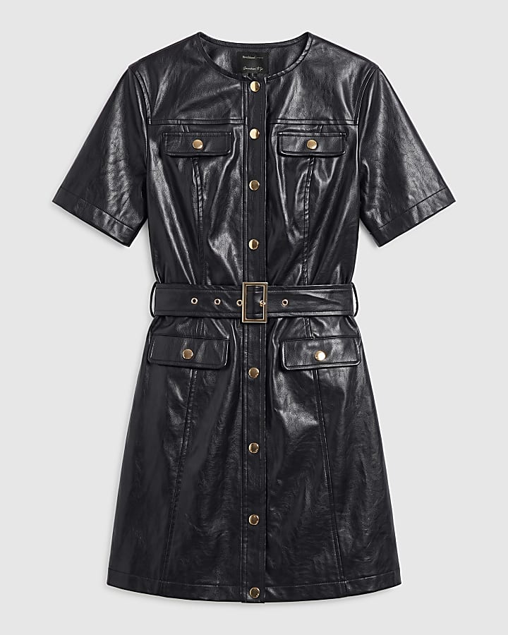 Black Faux Leather Belted Pocket Dress