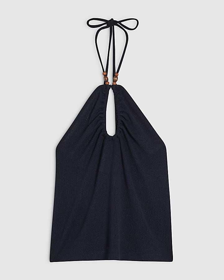 Navy Beaded Halter Top