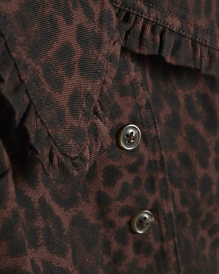 Brown Collared Leopard Print Denim Shirt