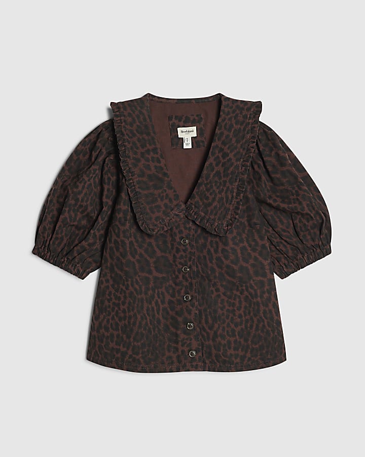 Brown Collared Leopard Print Denim Shirt