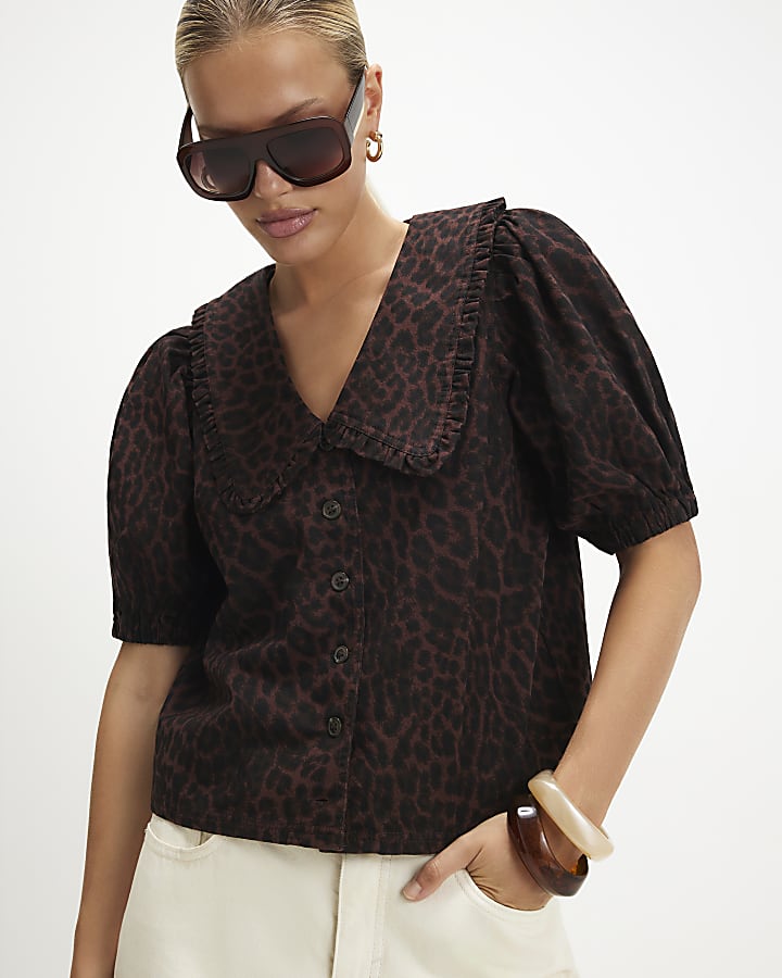 Brown Collared Leopard Print Denim Shirt